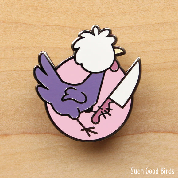 Birds with Knives Enamel Pin - White Crested Black Polish Hen