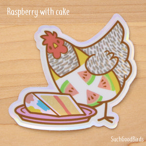 Hen with Apron and Cake - 3" Holographic Vinyl Sticker - Baking with Chickens