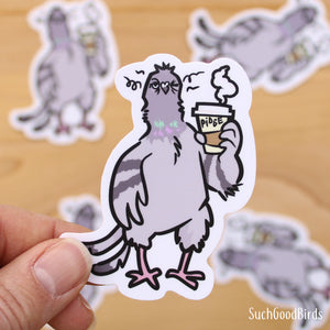 Pigeon Exhausted w Coffee - 3" Vinyl Sticker