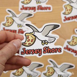 NJ Jersey Shore - Seagull w Pizza - New Jersey Sticker - 3" Vinyl Sticker